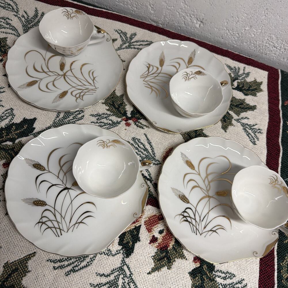 Vtg Lefton China Wheat Shell Snack Plate And Cup Tea Set 8 Pieces Gold Cottage